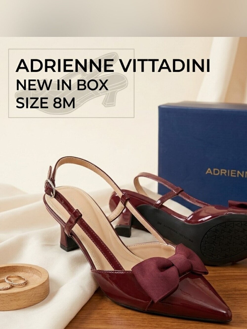 Adrienne Vittadini Ruby Patent Bow Slingback Heels Size 8M New In Box